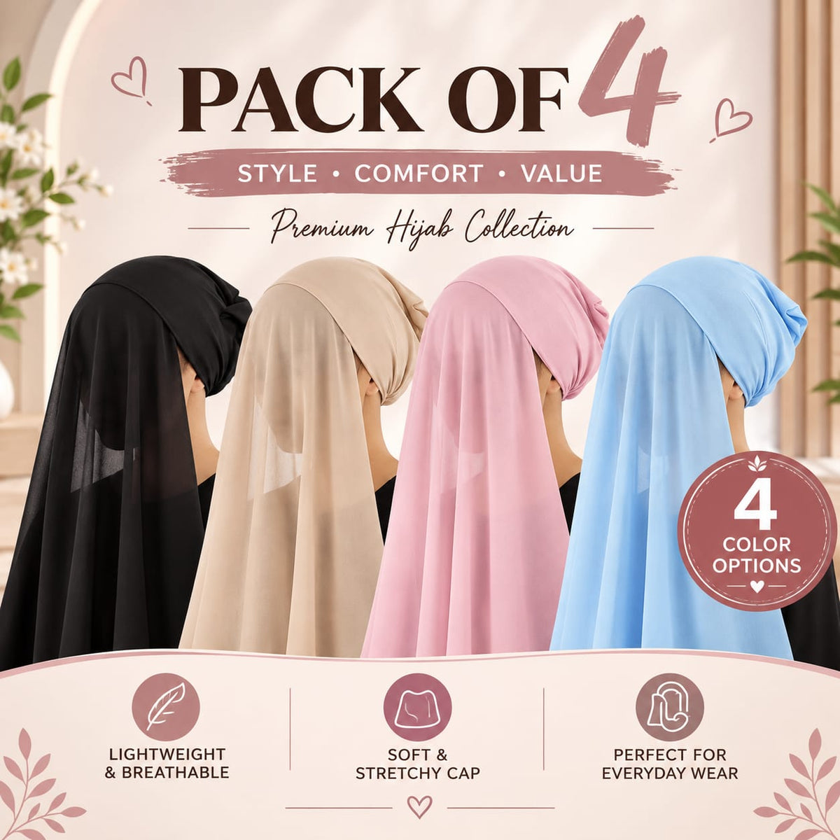 Instant Hijab with Stitched Cap - PACK OF 4