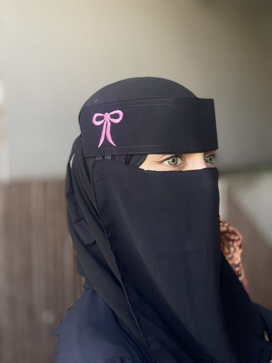 Pink Bow Saudi Niqab with Embroidery