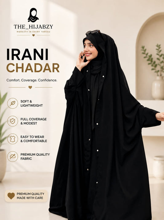 IRANI CHADAR WITH BUTTON Iraqi Chadar with Sleeves  High Quality Imported Nida Fabric